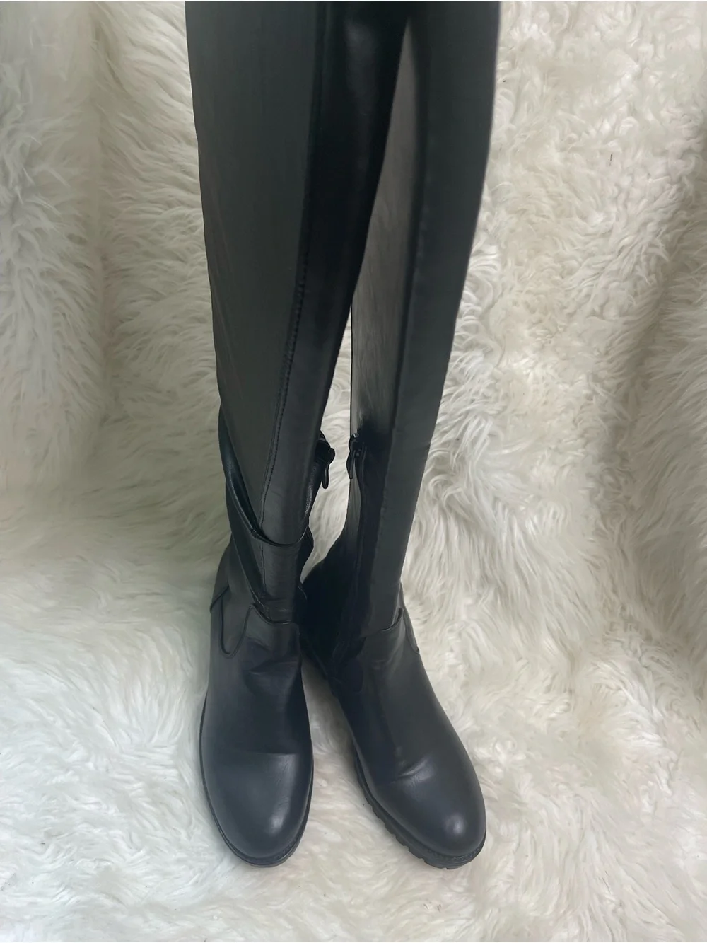 Azalea Wang over the knee black vegan soft leather pull on boots low heels SZ7